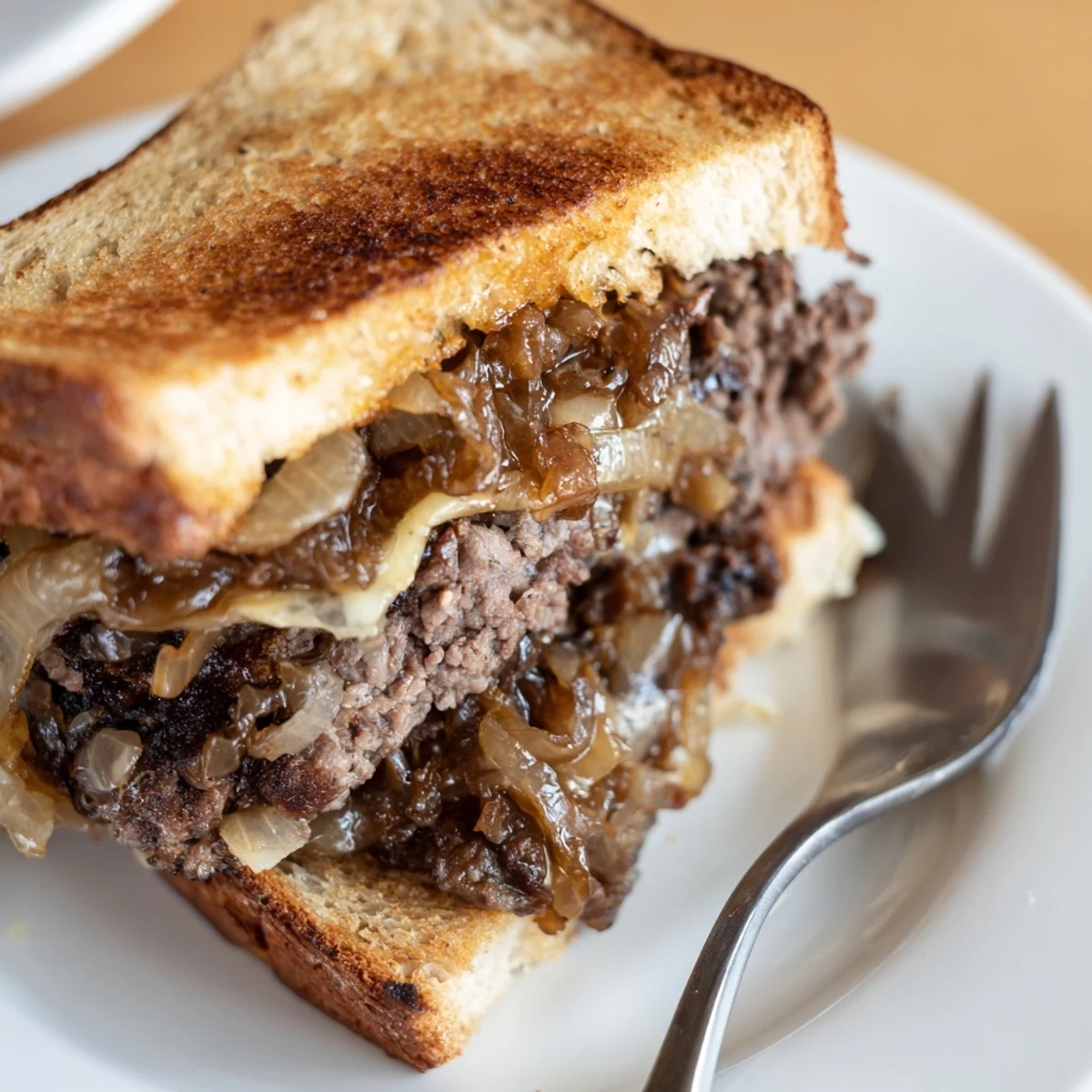A close-up of fully cooked Cast-Iron Patty Melts ready to be sliced, inviting you to enjoy a perfect bite.