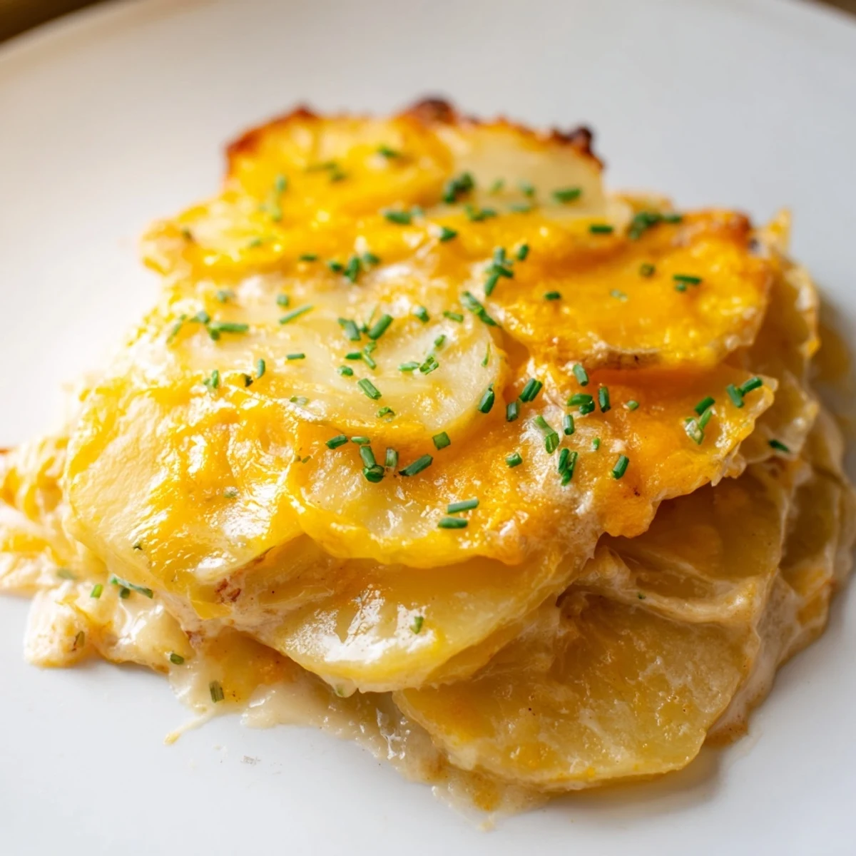 Golden, bubbling Cheesy Scalloped Potatoes with layers of tender potatoes and melted cheese, a comforting casserole.