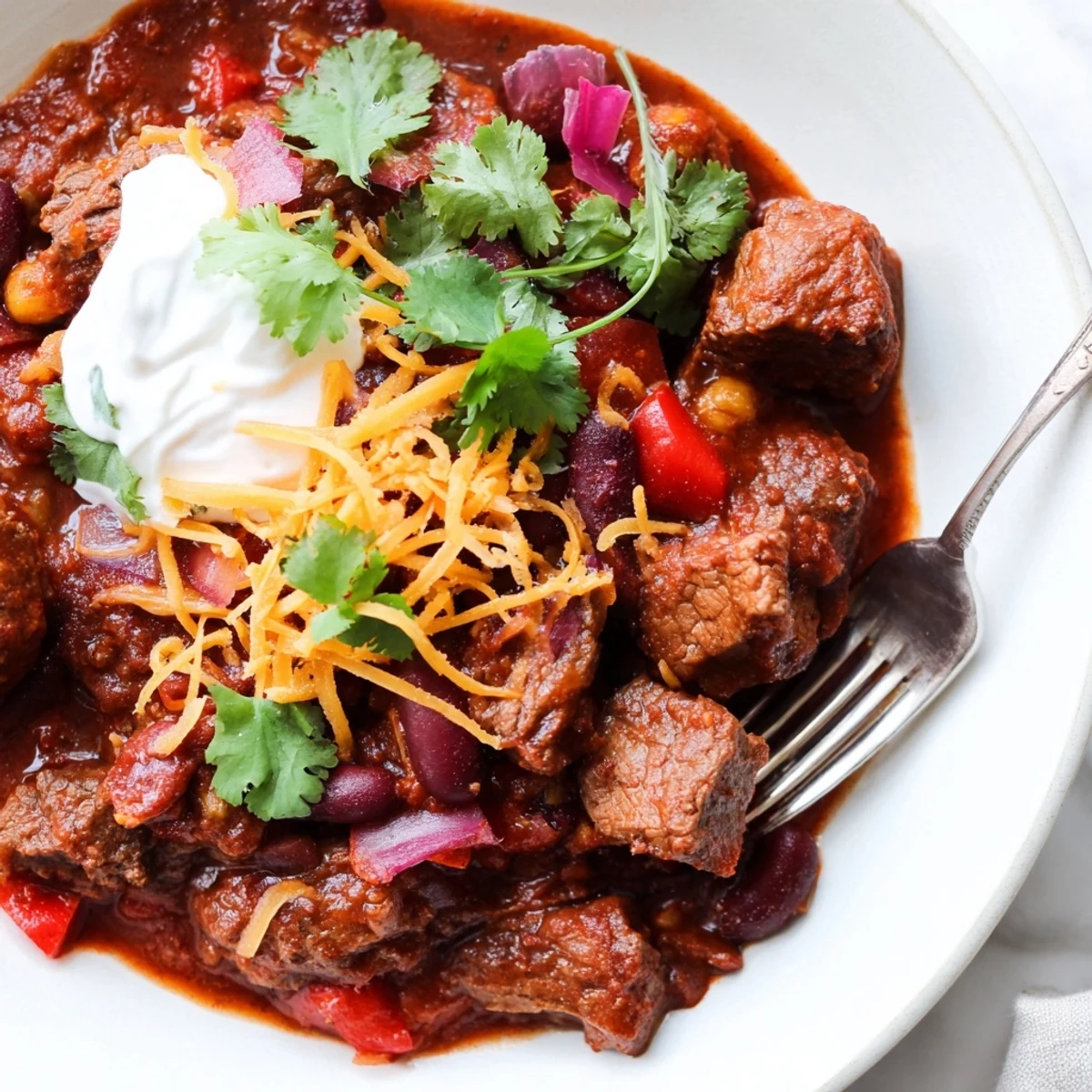 Slow Cooker Beef & Shallot Chili simmering, rich with beef and spices, ready to be served hot.