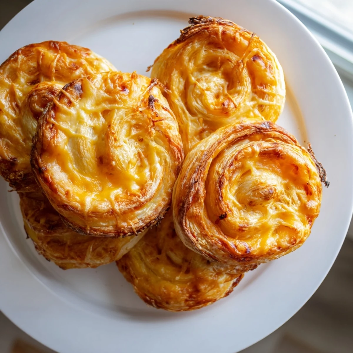 A close-up of flaky Easy 3-Ingredient Cheese Pinwheels showing their wonderfully swirled, cheesy filling.