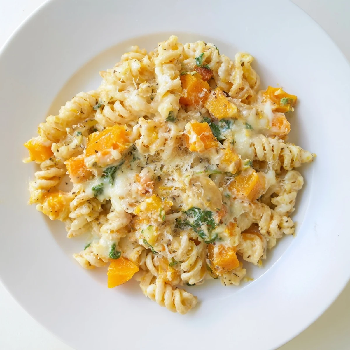 Creamy butternut squash pasta bake topped with bubbly, golden mozzarella and Parmesan cheese.