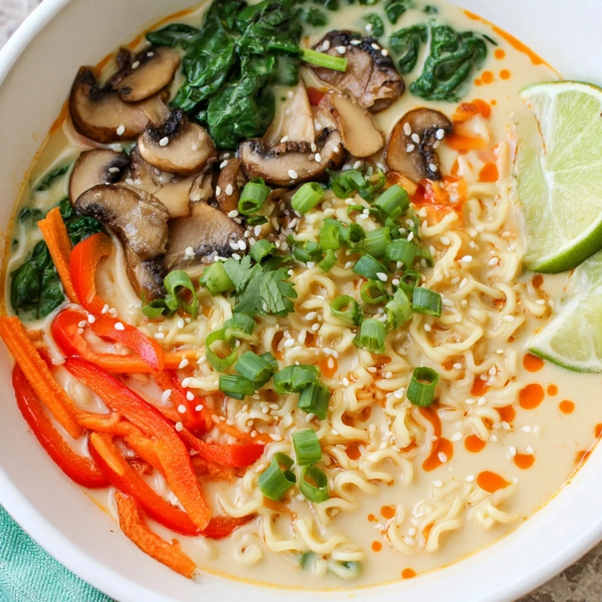 Close-up of vibrant creamy coconut curry ramen, garnished with fresh herbs and lime wedges for serving.