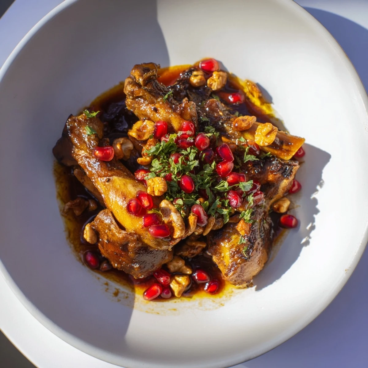 A close-up of Fesenjan stew, showing rich dark sauce and tender chicken pieces.