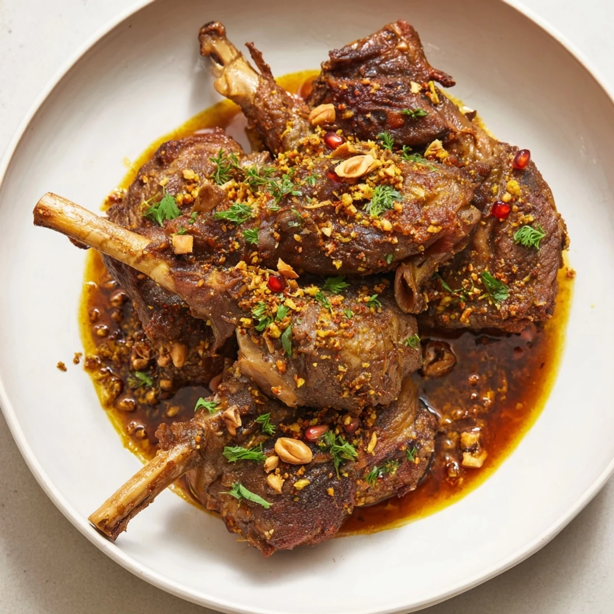 Garnished Fesenjan with bright pomegranate seeds, inviting you to enjoy the savory stew.