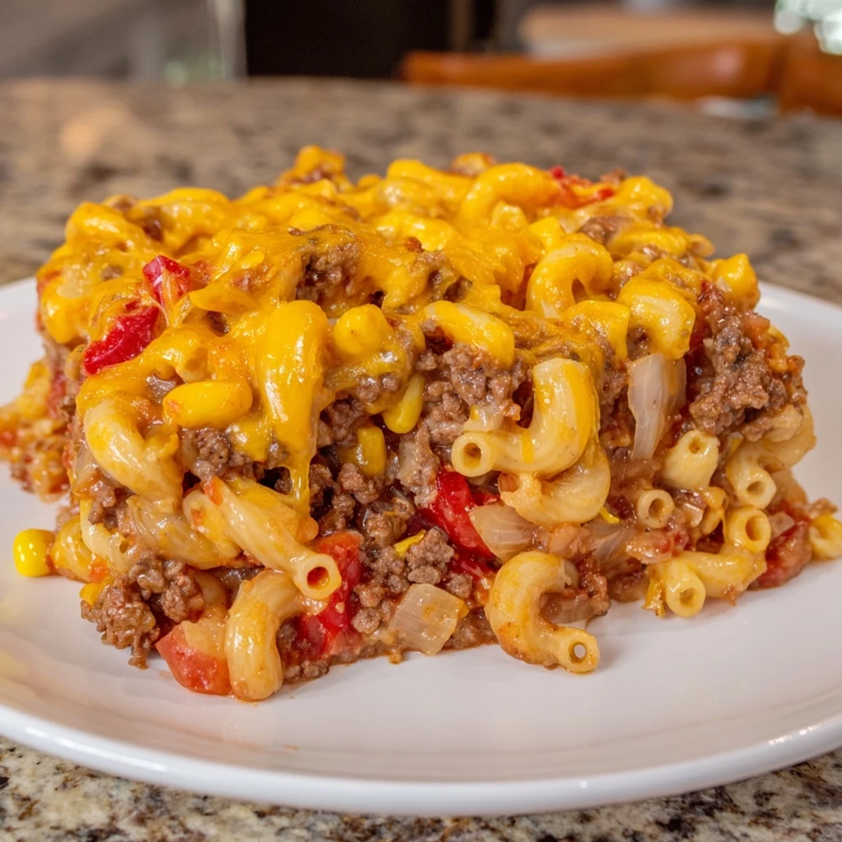 Easy Cheeseburger Casserole bubbling with melted cheddar, perfect for a family dinner.