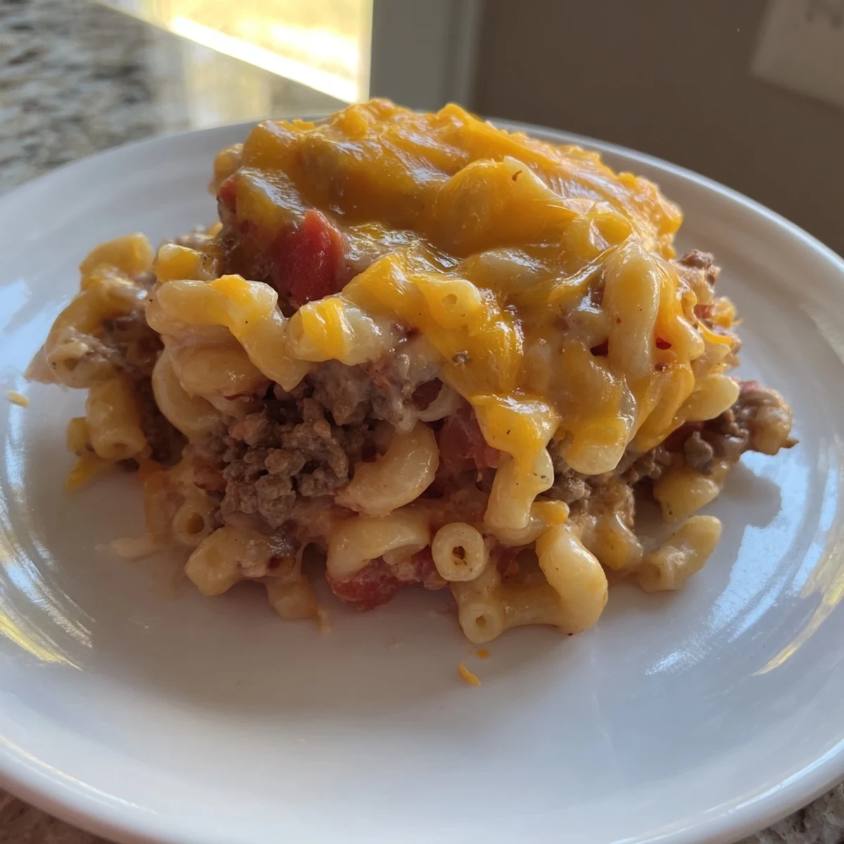 Creamy Easy Cheeseburger Casserole, showcasing golden-brown cheese and hearty ground beef, ready to eat.