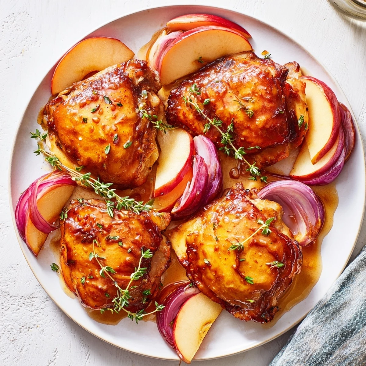 Golden-brown Cider Glazed Chicken Thighs resting atop tender apples and onions, ready to serve.