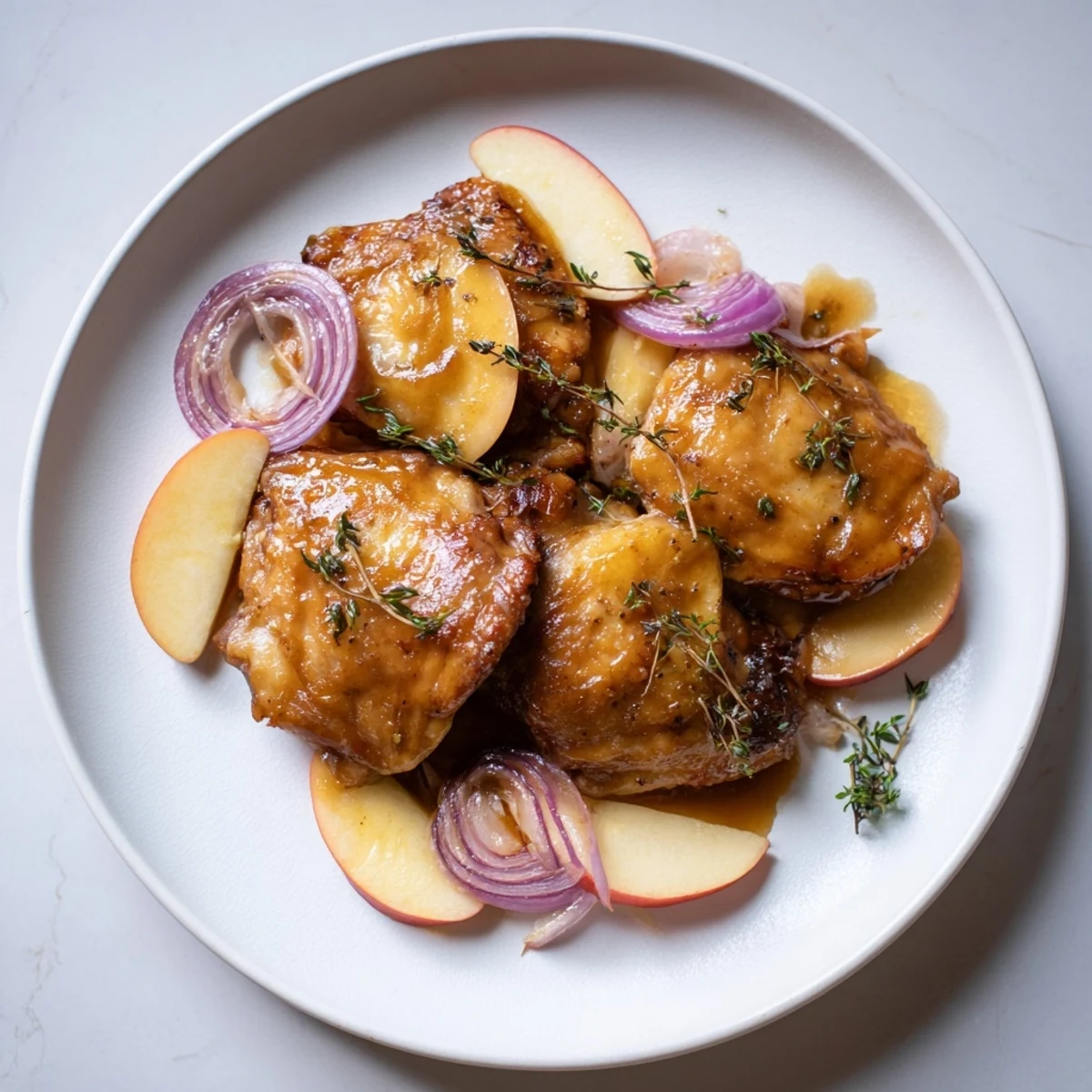 Aromatic Cider Glazed Chicken Thighs with glistening skin baked with apples, ideal for a comforting meal.