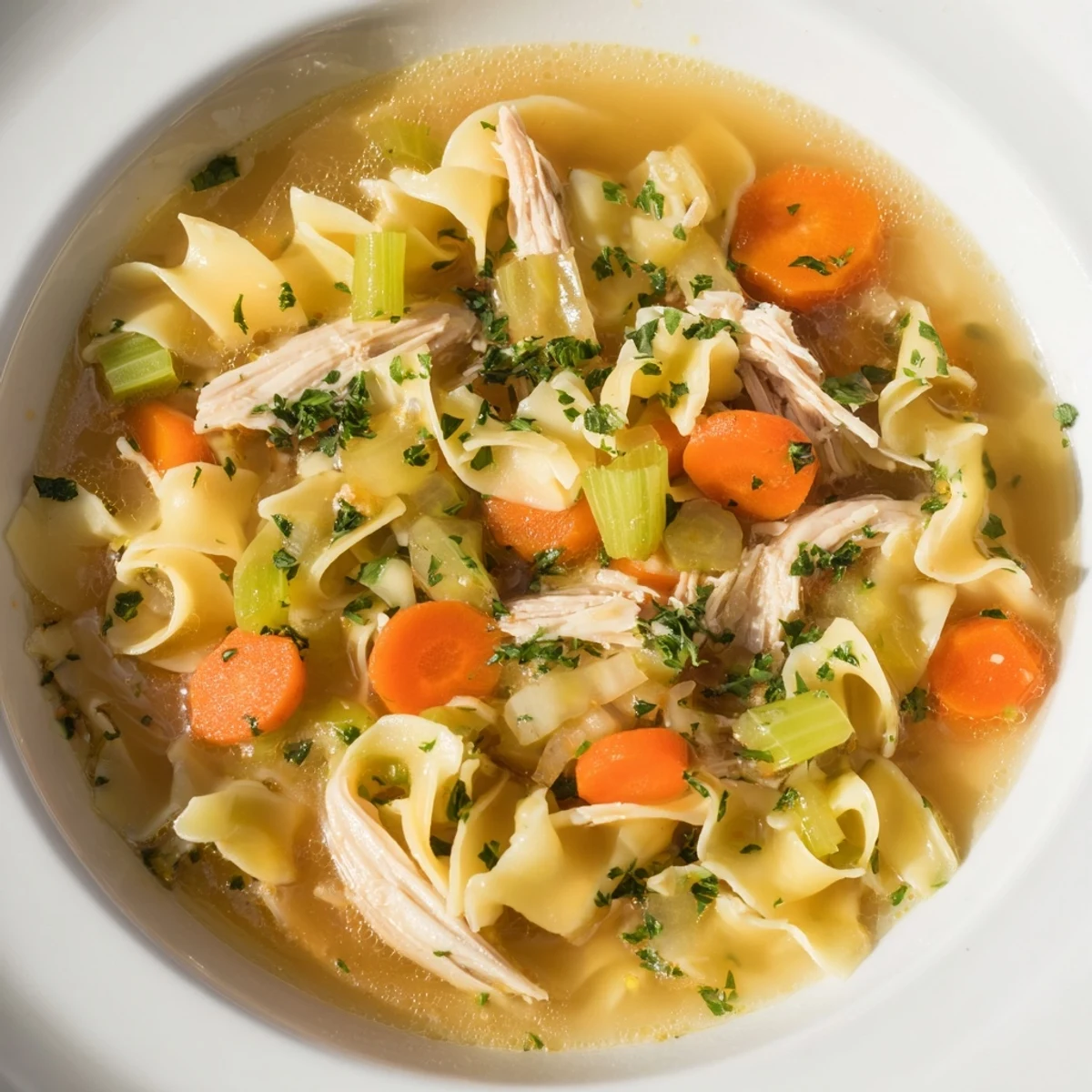 Hearty Classic Chicken Noodle Soup: warm, flavorful, and garnished with fresh parsley.