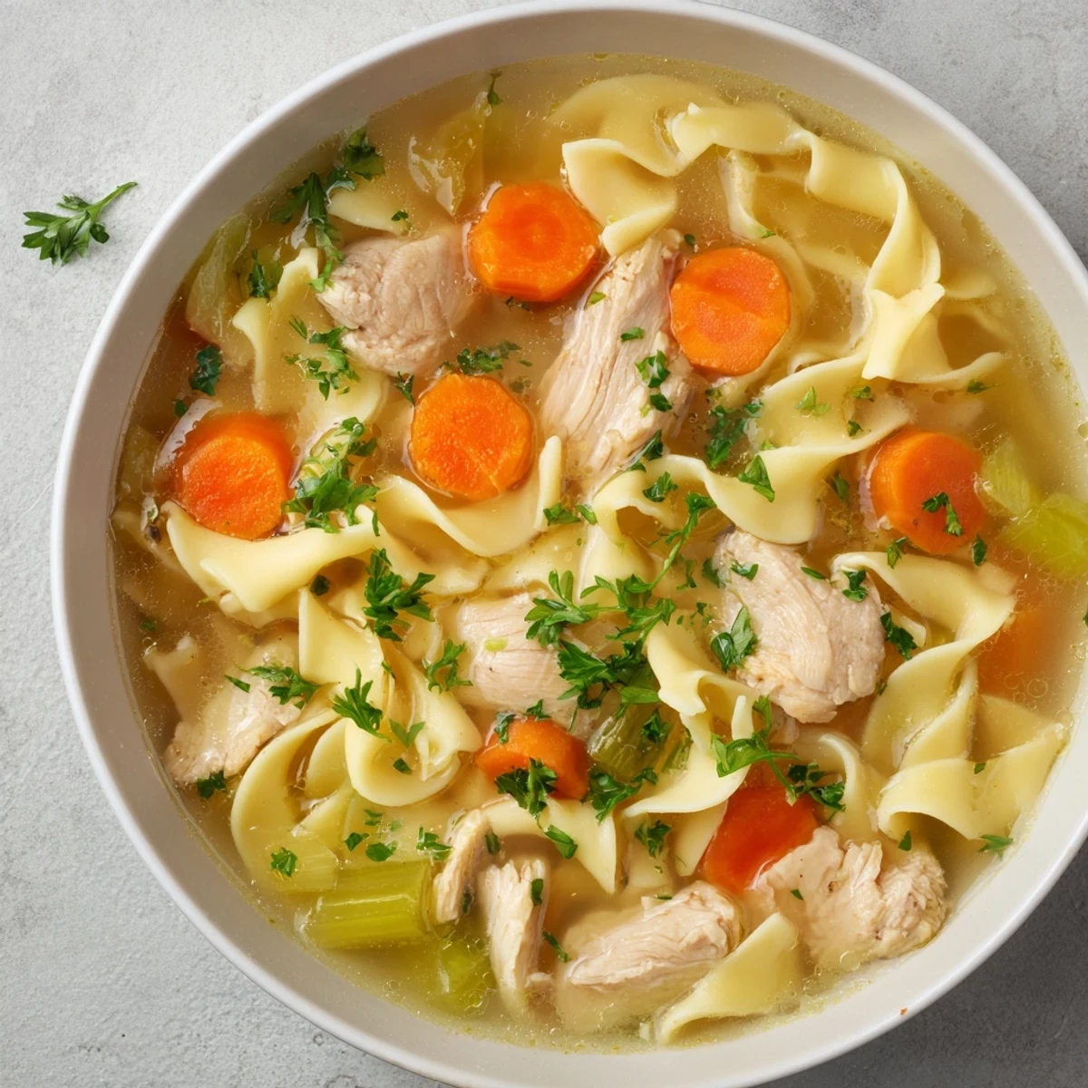 A close-up view of comforting Classic Chicken Noodle Soup, perfect for a cold day.