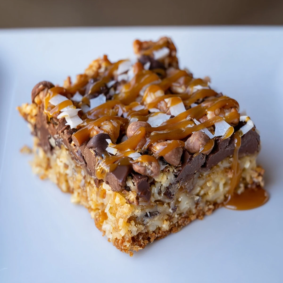 A close-up of freshly baked 7-Layer Magic Bars, oozing with caramel and sweet toppings.