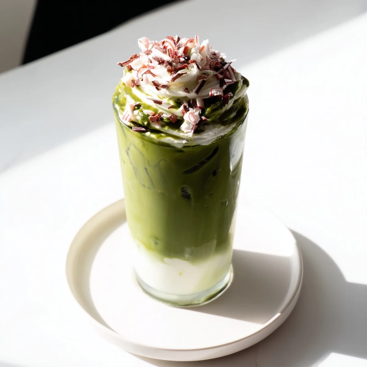 Sugar-Free White Chocolate Candy Cane Iced Matcha layered with whipped cream and crushed candy canes is visually stunning.