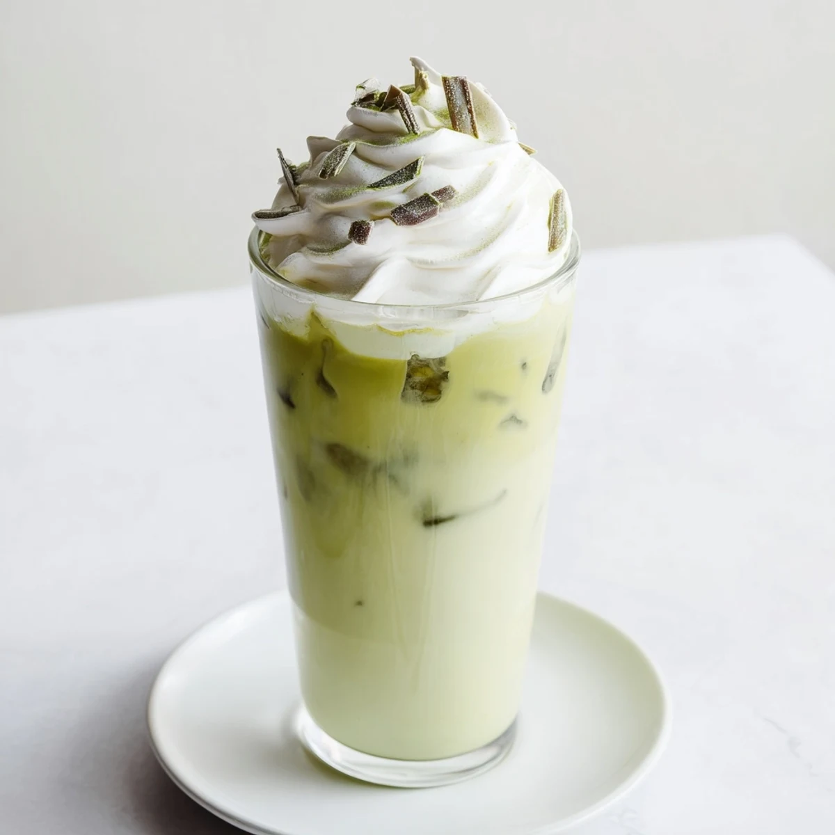 This Sugar-Free White Chocolate Candy Cane Iced Matcha features a beautiful swirl of layered drinks for enjoyment.