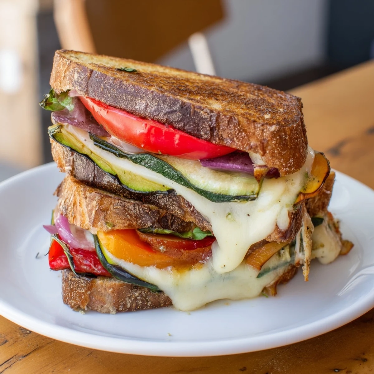 Golden, bubbly Sheet-Pan Roasted Veggie Caprese Grilled Cheese filled with colorful roasted vegetables and fresh basil.