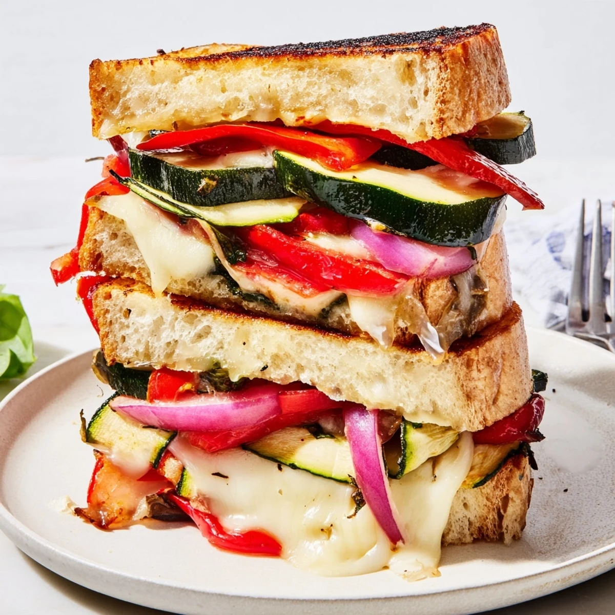 Sheet-Pan Roasted Veggie Caprese Grilled Cheese with melted mozzarella and perfectly toasted sourdough.
