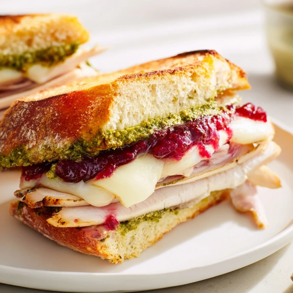 Aromatic basil pesto combines with sweet cranberry sauce in this Pesto Cranberry Turkey Grilled Cheese Melt.
