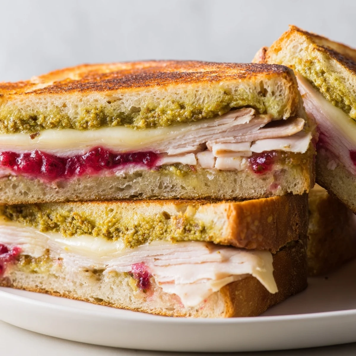 Golden-brown Pesto Cranberry Turkey Grilled Cheese Melt, oozing melted cheese and tempting aromatics.