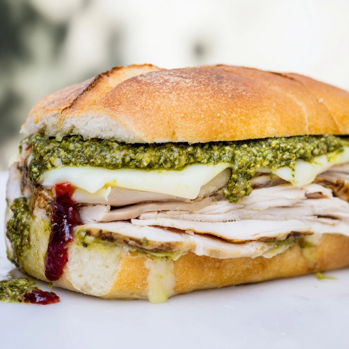 Savory Pesto Cranberry Turkey Grilled Cheese Melt, served warm with perfectly melted cheese and crusty bread.