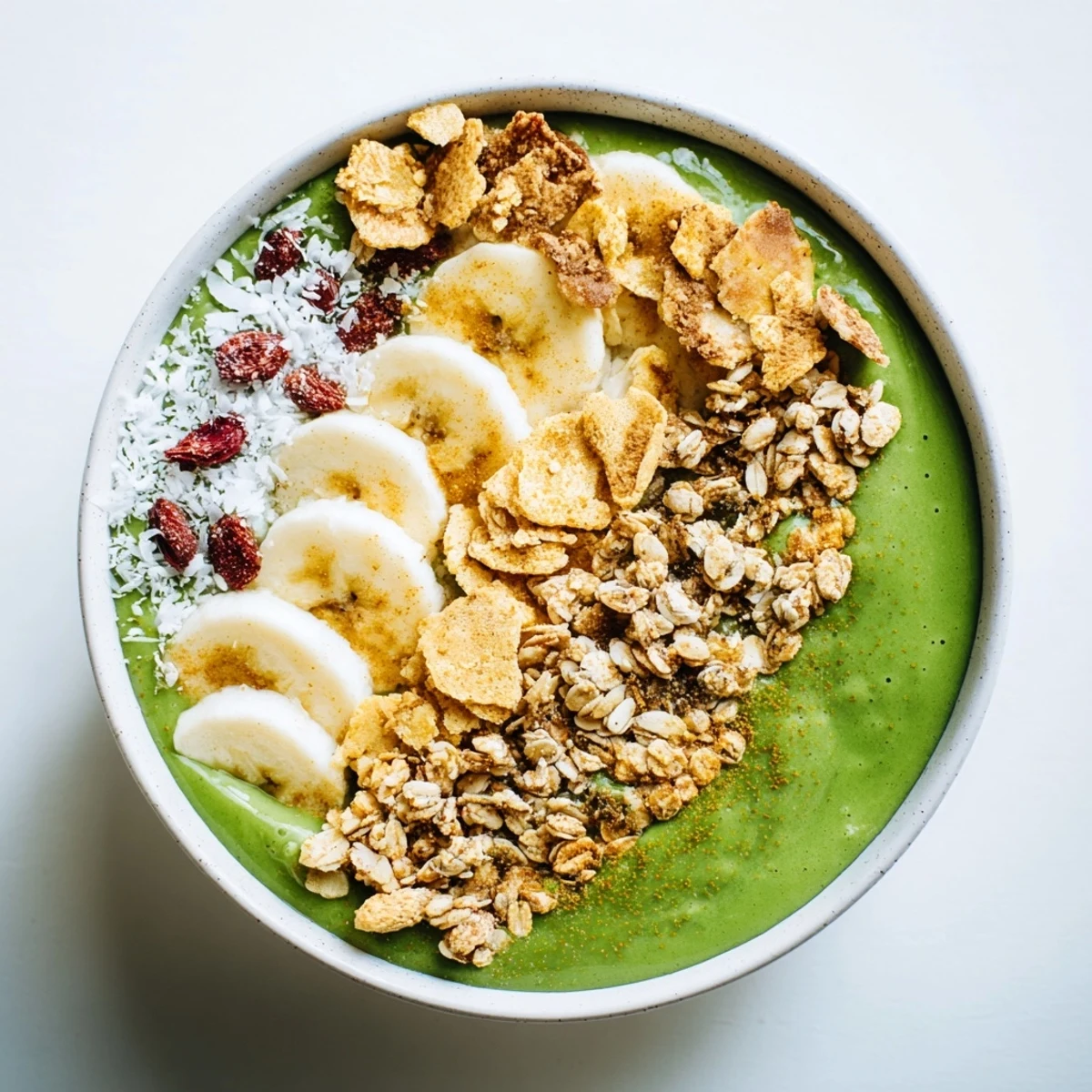 Creamy gingerbread cookie matcha breakfast smoothie bowl topped with granola and candied ginger, a delicious start.