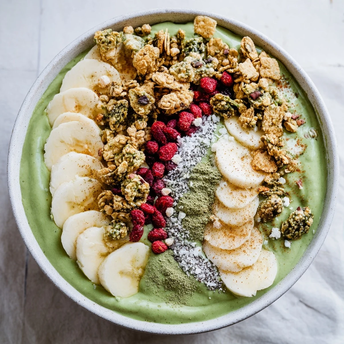 Vibrant green gingerbread cookie matcha breakfast smoothie bowl, showcasing a medley of festive toppings and fresh fruit.