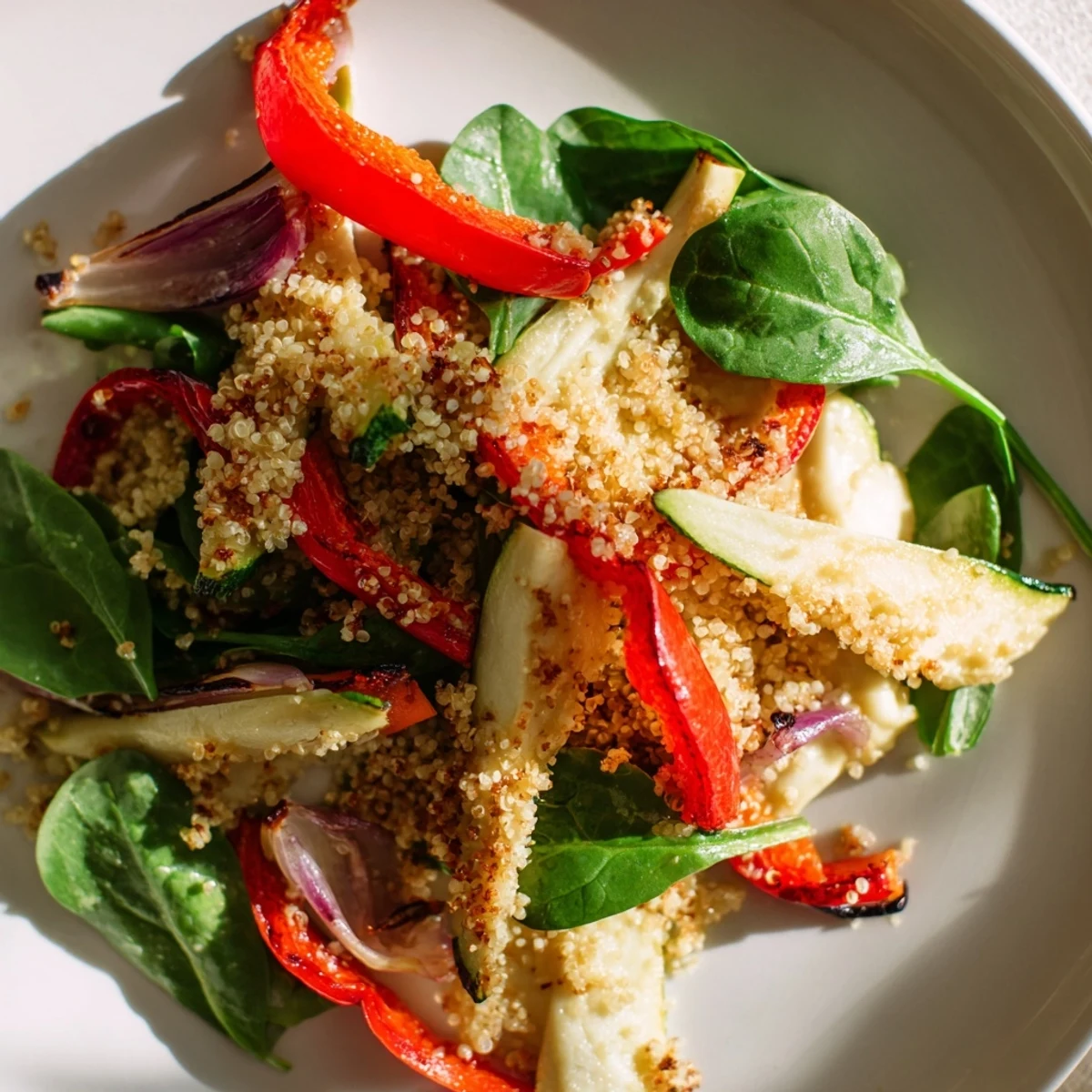 A close-up view of the easy snowflake wrap, showing the Snowflake Hummus & Roasted Veggie layers and fresh herbs.