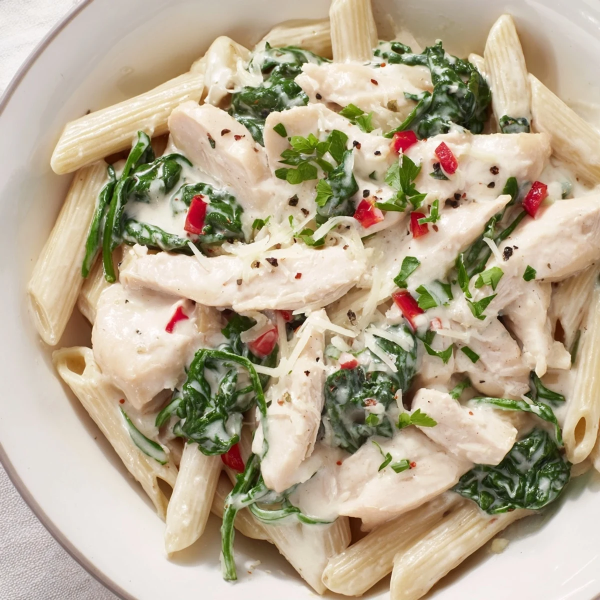 Fluffy cooked penne pasta and turkey are combined in creamy One-Pot Christmas Pasta.