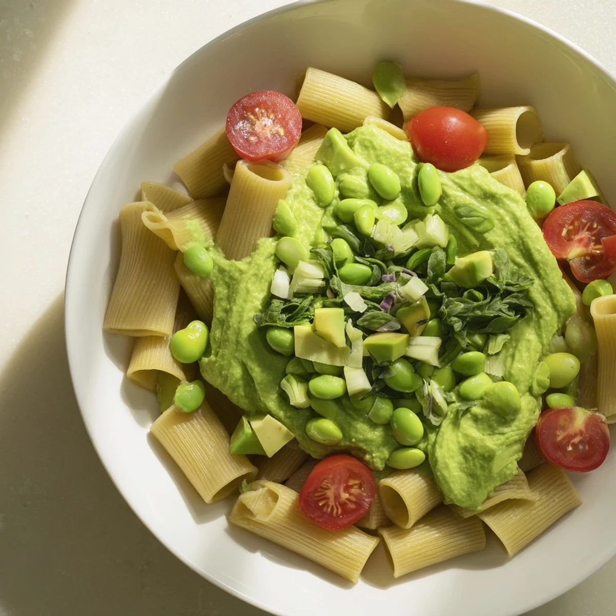 Enjoy a refreshing scoop of Holiday Glow Green Goddess Protein Pasta Salad bursting with fresh flavors and textures.