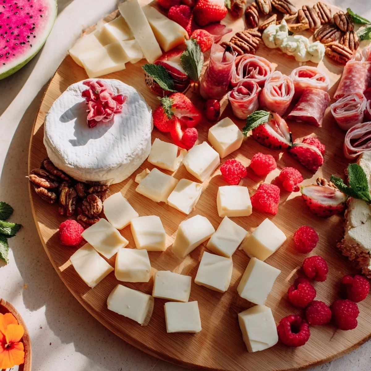 Vibrant Flamingo Paradise Board with colorful fruits, cheeses, charcuterie and beautiful arrangement, ready to enjoy.