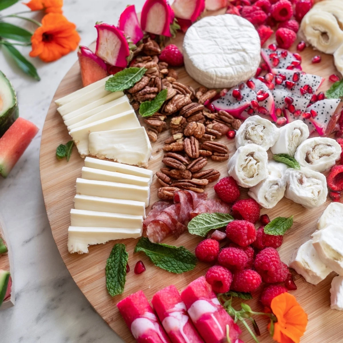 A summer-ready Flamingo Paradise Board, showcasing fresh raspberries, watermelon, and creamy brie, perfect for sharing.