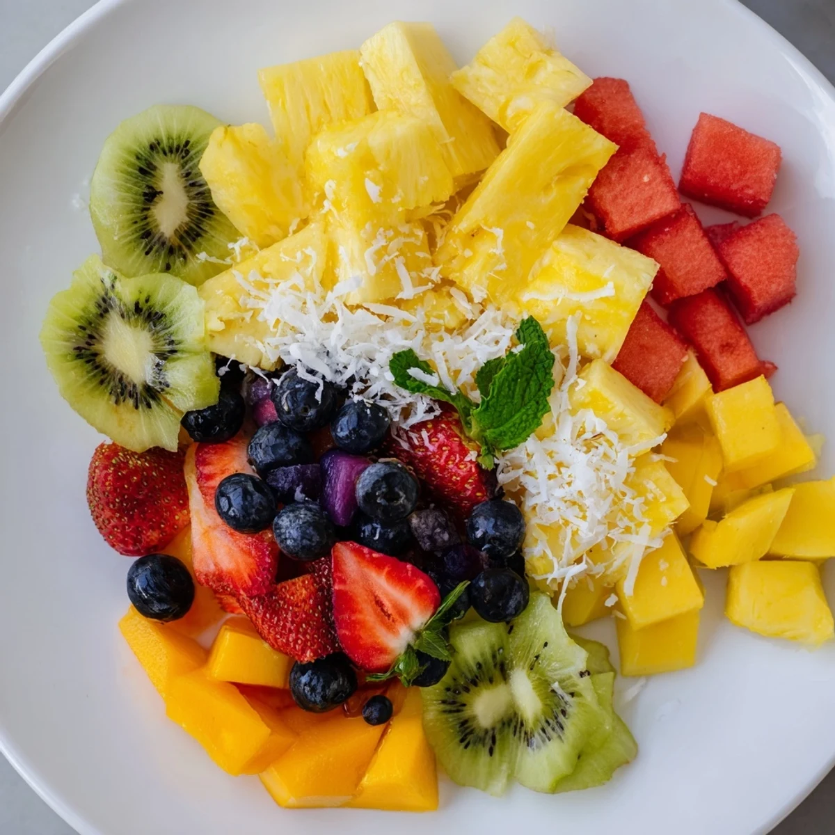 Vibrant Tropical Pineapple Platter, bursting with juicy fruits, a perfect summer dessert, ready to enjoy.