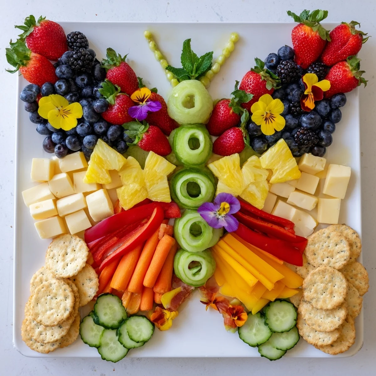 Butterfly Summer Board, a colorful appetizer, showcases fresh fruit, cheese, and charcuterie creatively arranged.