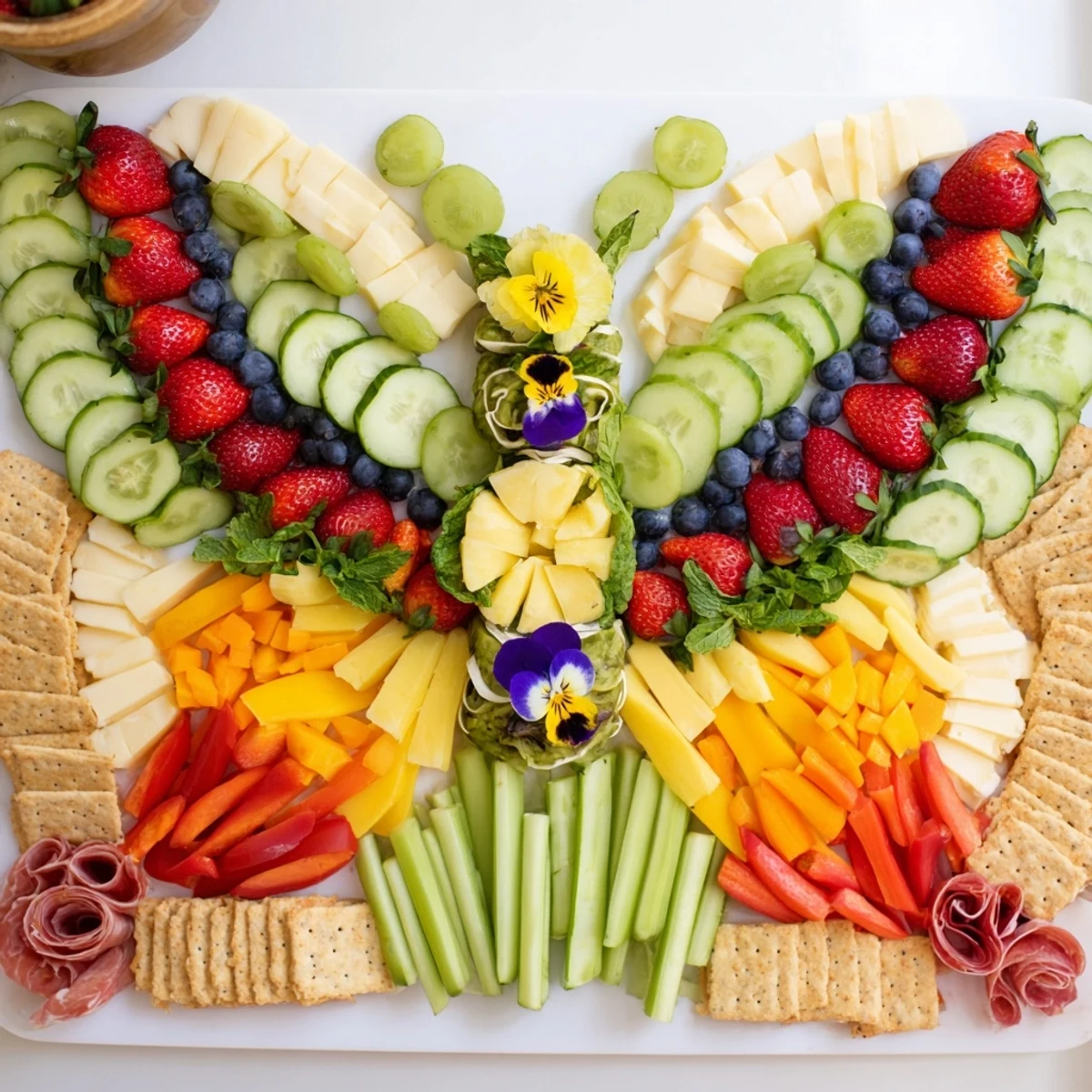A stunning Butterfly Summer Board, overflowing with summer flavors, includes vibrant fruit and artisan cheeses.