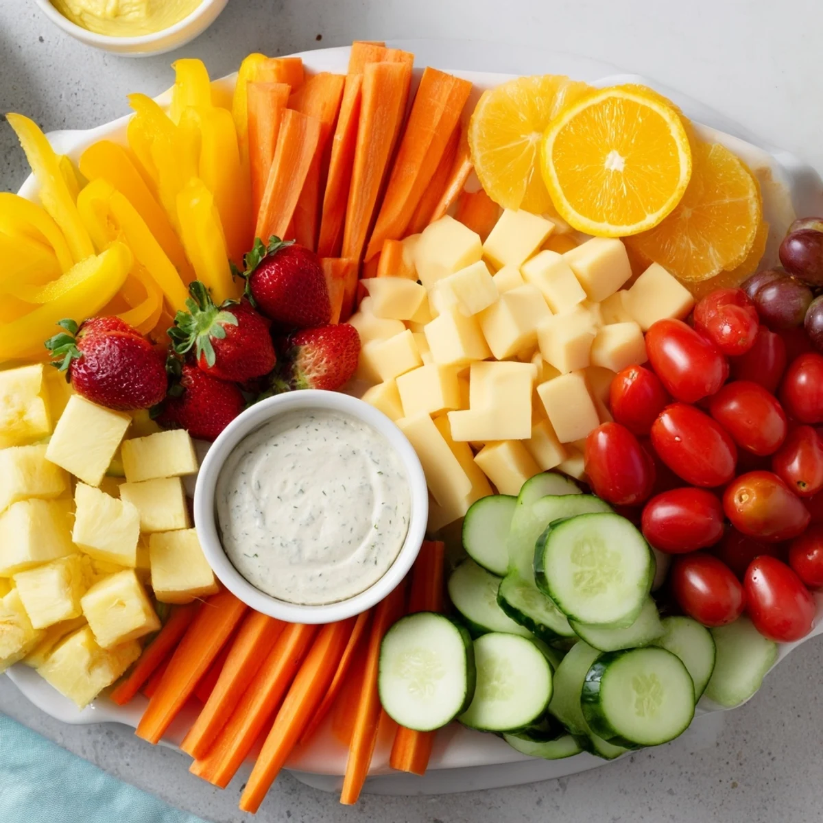 Vibrant Sunshine Snack Tray loaded with fresh fruit, vegetables, cheese, and dips, a festive appetizer.