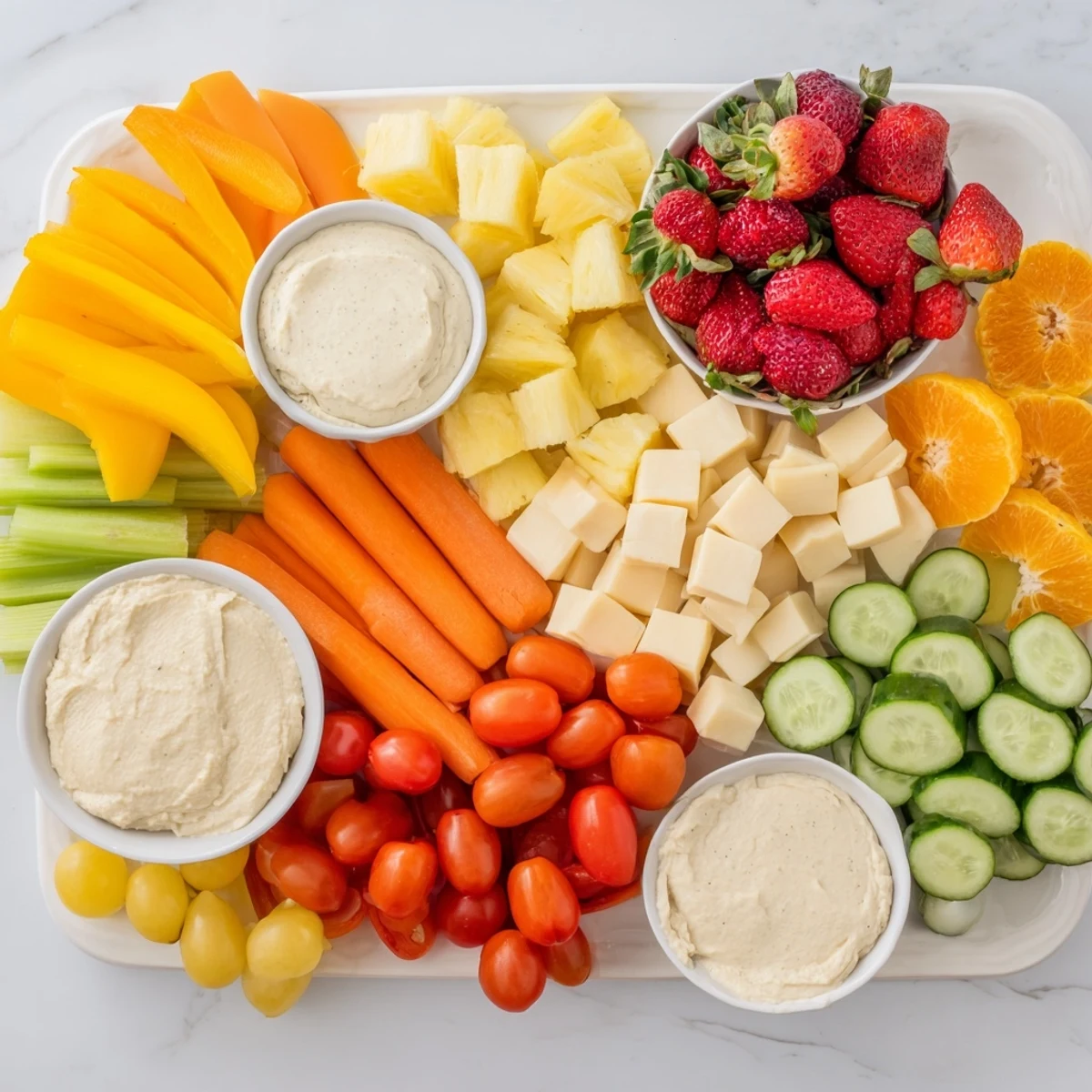 A beautifully arranged Sunshine Snack Tray, offering a variety of flavors for dipping and sharing with friends.
