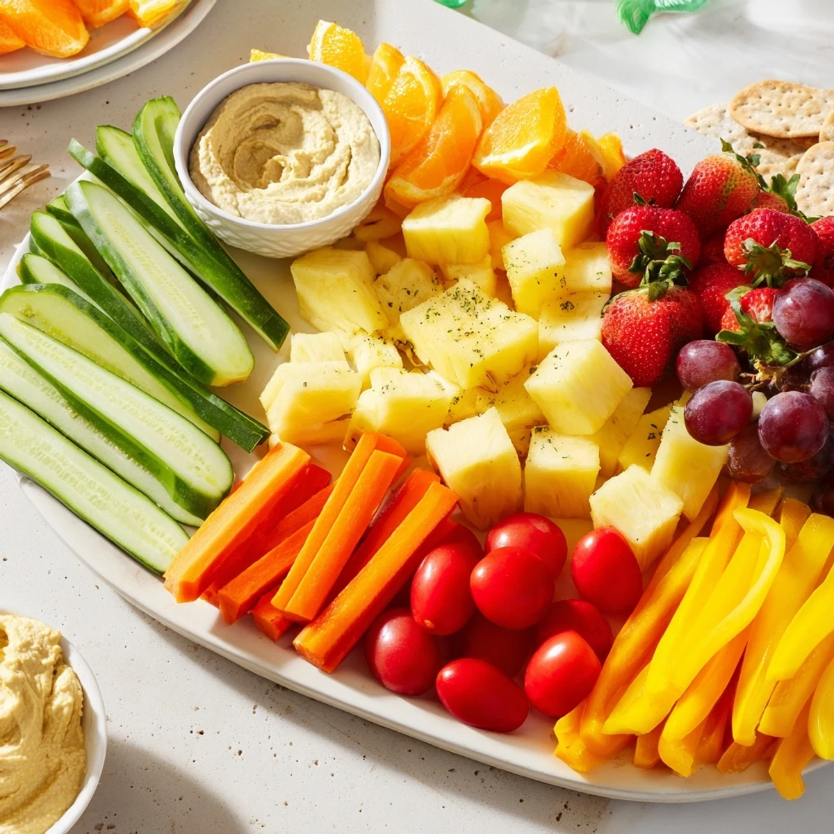 Close-up of a delightful Sunshine Snack Tray, showing colorful fruits and veggie sticks for a healthy treat.