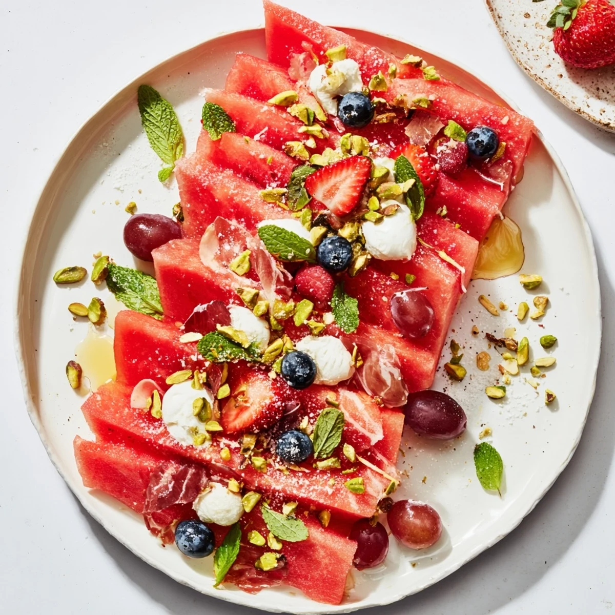 A summertime Watermelon Slice Charcuterie board offers a colorful array of fresh fruits, cheese, and nuts, ready to serve.