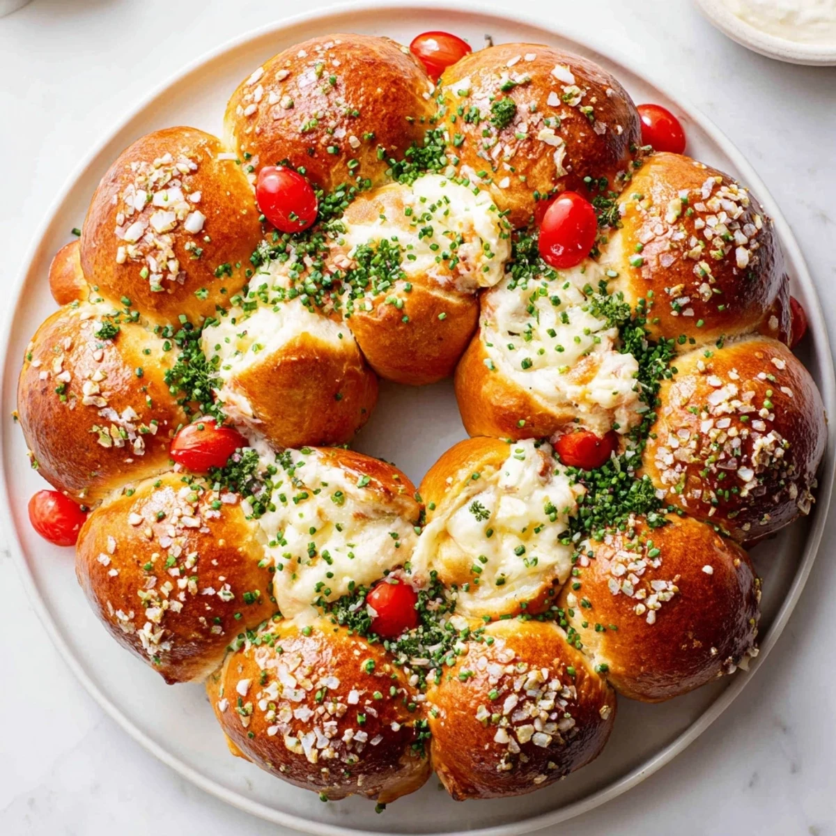 Golden-brown Pretzel Joy Wreath, invitingly pull-apart and studded with vibrant red cherry tomatoes and parsley.