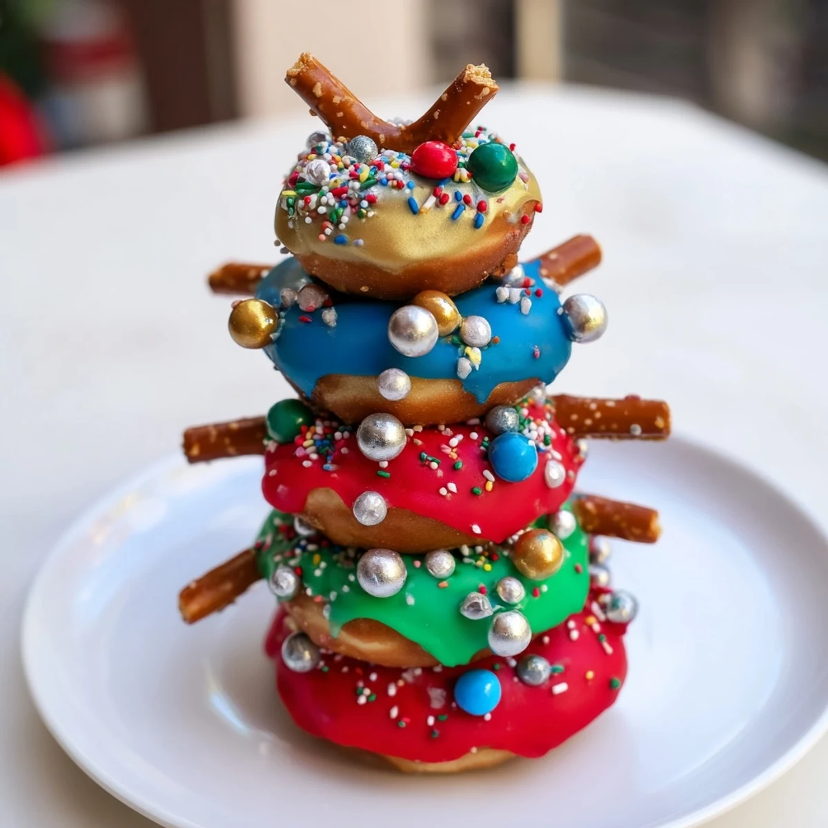 Festive donut stack Christmas ornament tower, drizzled with colorful icing, ready to delight your holiday guests.