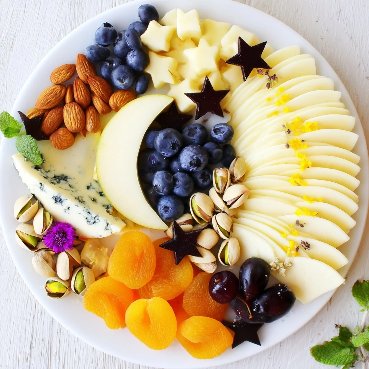 Crescent Moon Midnight Snack Board featuring brie, fruits, and nuts arranged artfully on a dark platter.
