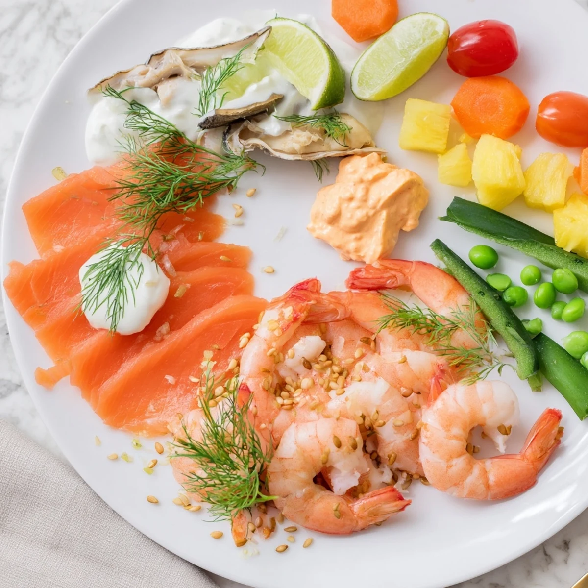 Wave Rider Surfer Snack Board featuring smoked salmon and colorful fruits, perfect for a beach day.