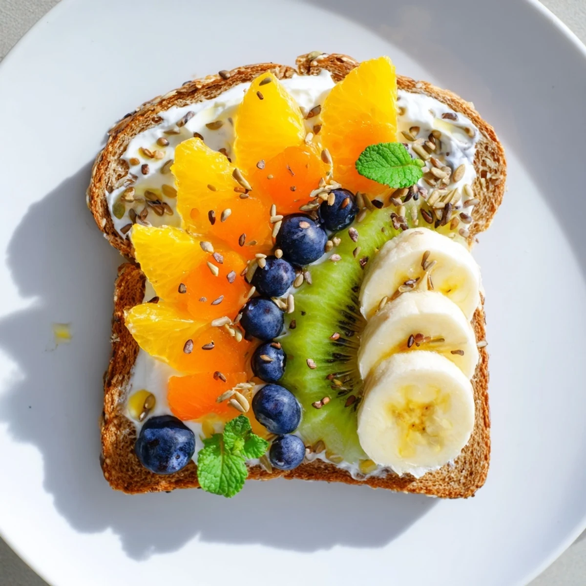Beautifully decorated morning sun breakfast toast designs, showcasing vibrant fruit and seed toppings.