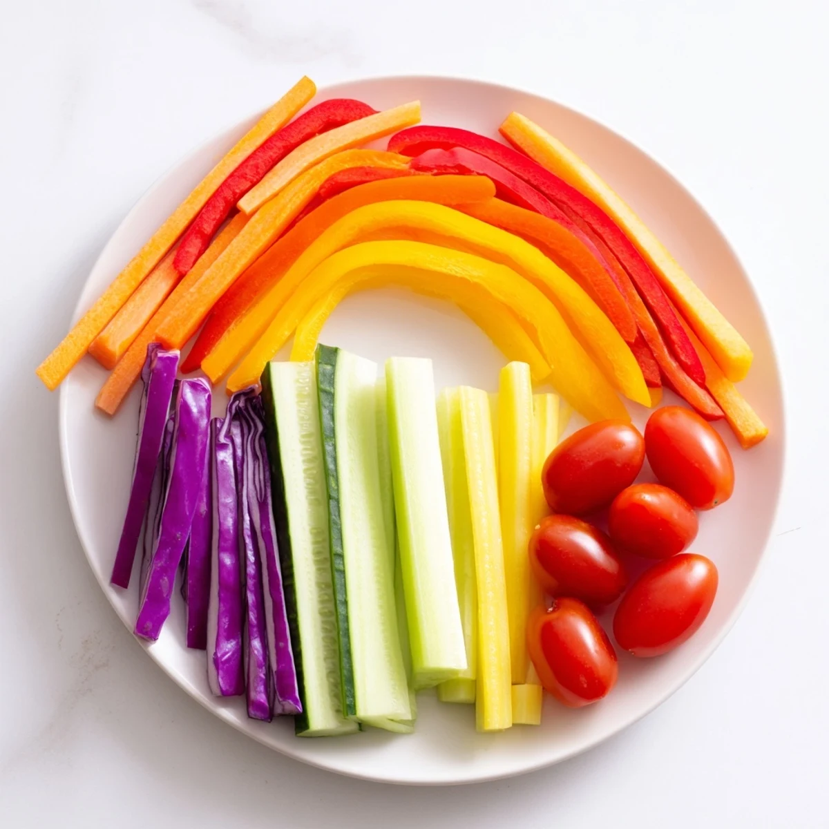 A colorful rainbow arch bright veggie sticks platter ready to eat, a fun and healthy party appetizer.