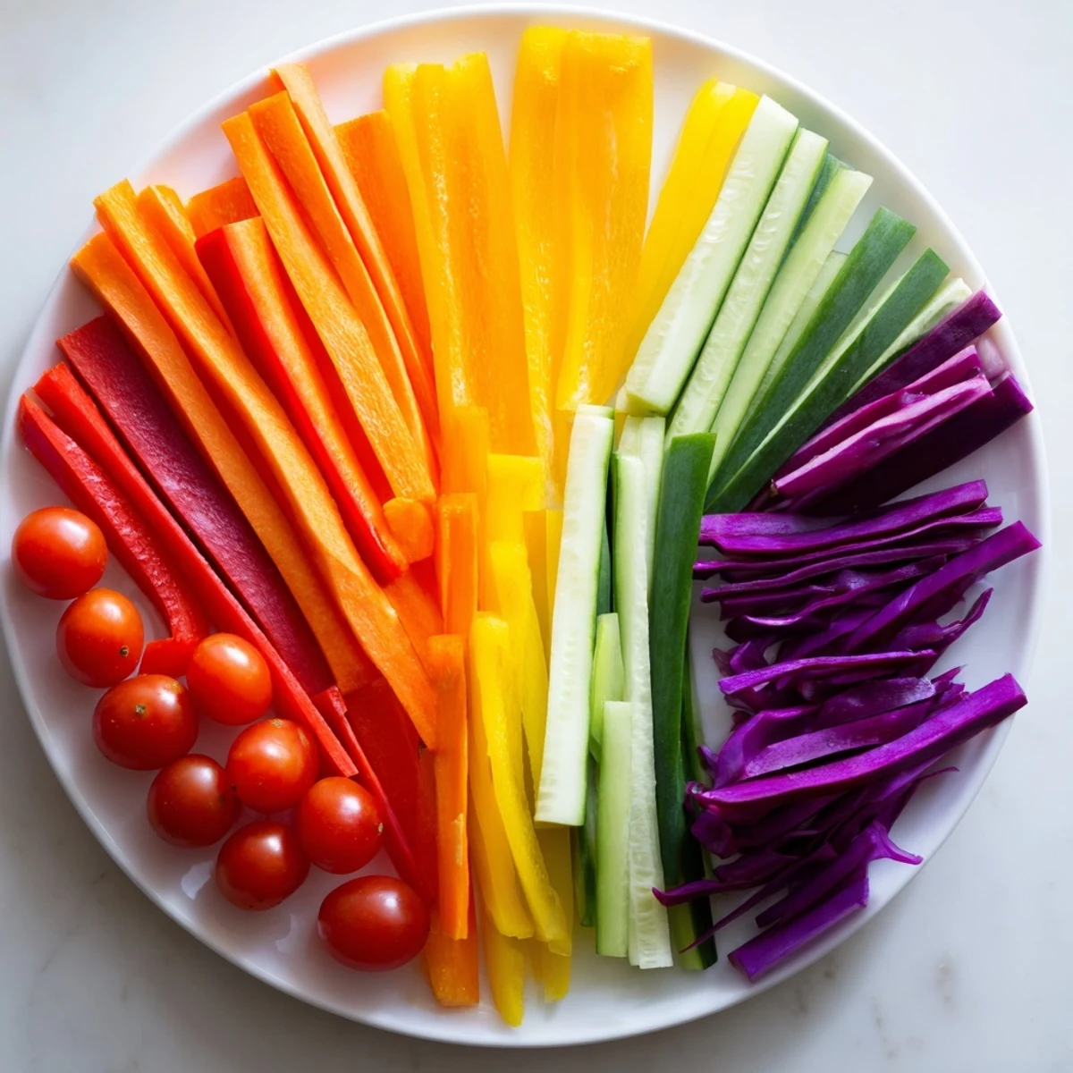 Fresh, crisp Rainbow Arch Bright Veggie Sticks, featuring crunchy bell peppers and carrots, perfect for a vegan snack.