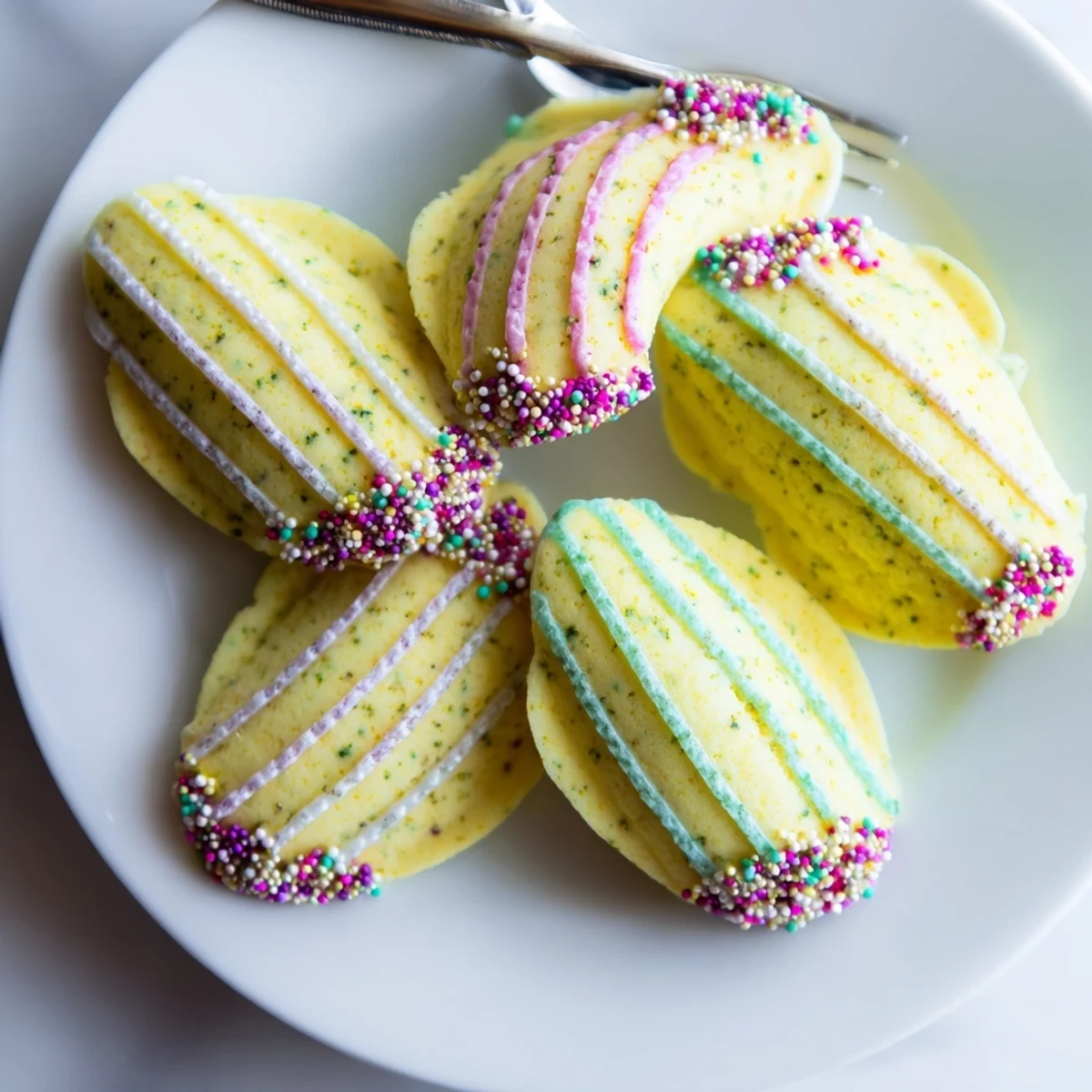 Beautiful mermaid tail mignardises, white chocolate dipped with shimmering sprinkles, ready to serve.