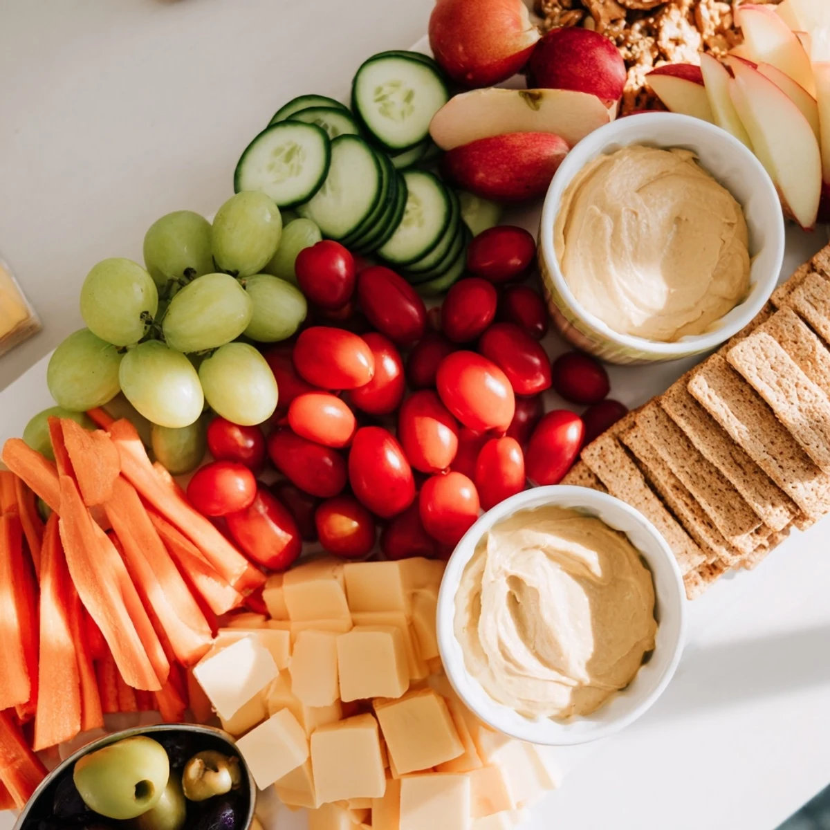 Road Trip Snack Platter: a colorful spread of fresh fruits, cheeses, and pretzels for easy enjoyment.