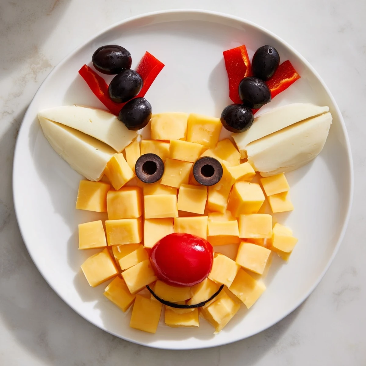 Festive cheesy reindeer face platter with cheddar, mozzarella, and gouda cheeses, a holiday appetizer.