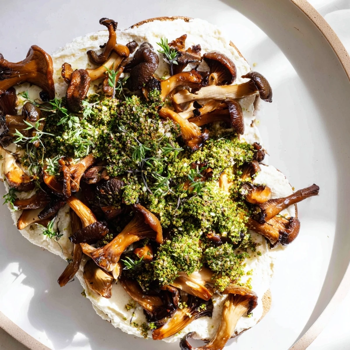 A rustic mushroom and moss platter: imagine earthy mushrooms, creamy cheese, and vibrant green herb-infused crumbs.
