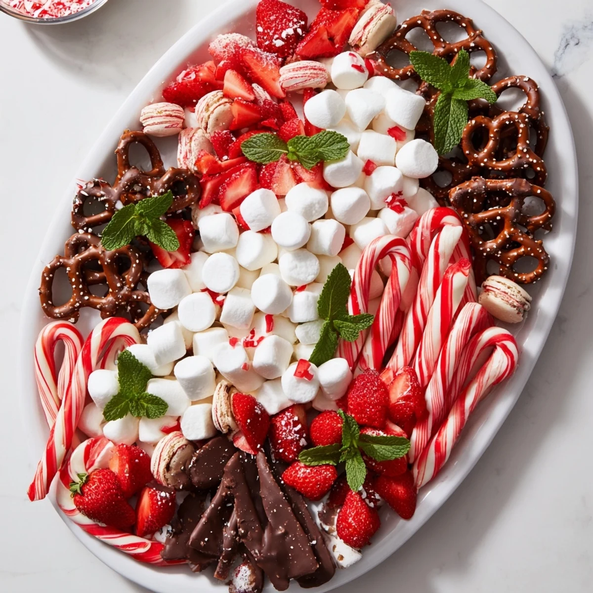 Festive Candy Cane Dessert Platter features an array of sweet treats perfect for holiday enjoyment.