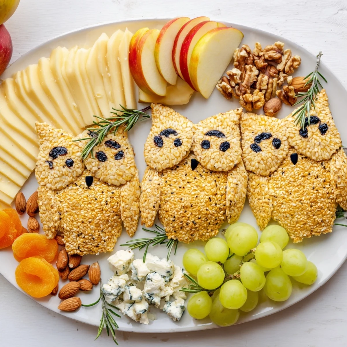 A festive, delicious Owl Cracker and Cheese Board, garnished with fresh rosemary and edible flowers.
