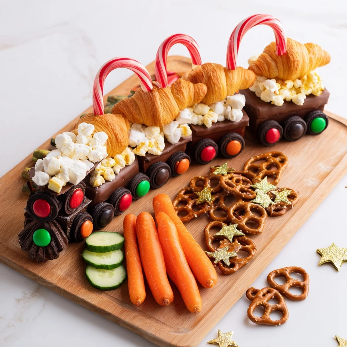 Festive Polar Express Train Treat Board, brimming with sweet and savory snacks for family fun.